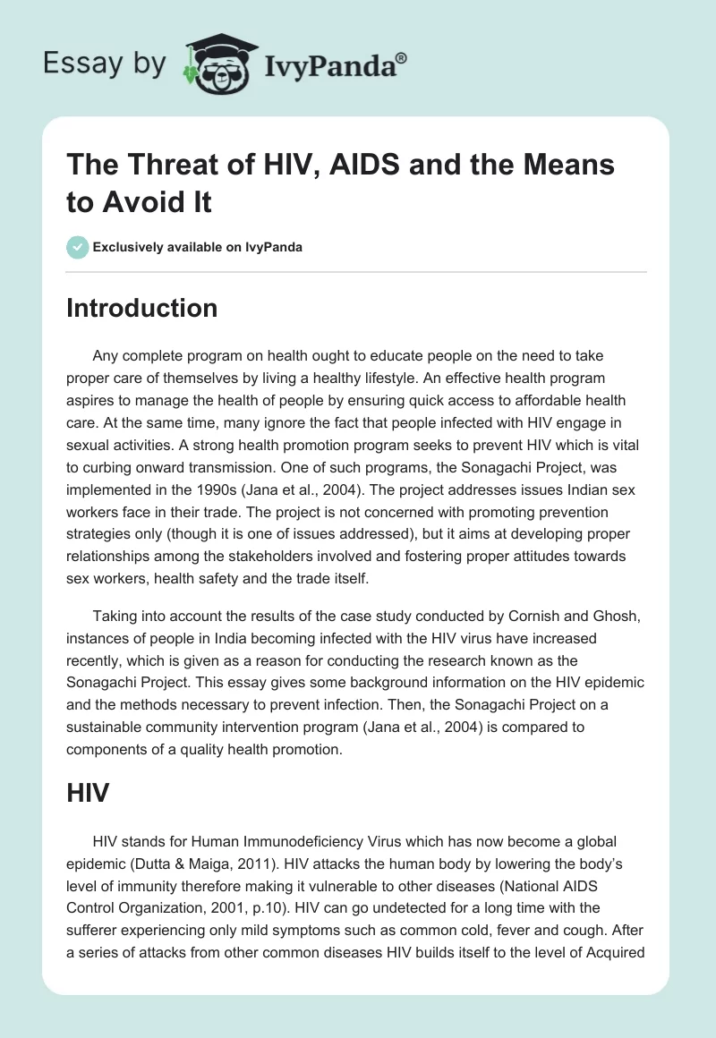 The Threat of HIV, AIDS and the Means to Avoid It. Page 1