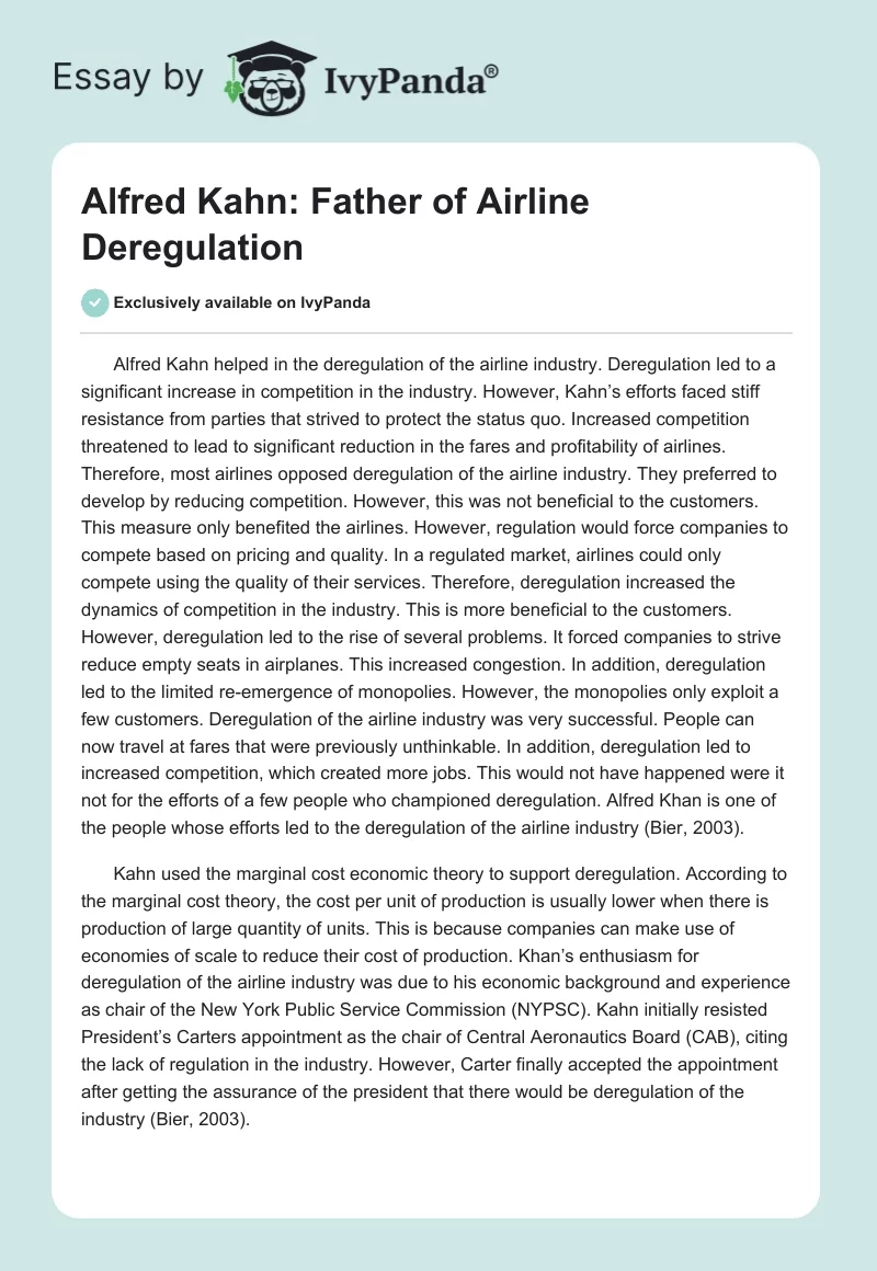 Alfred Kahn: Father of Airline Deregulation. Page 1