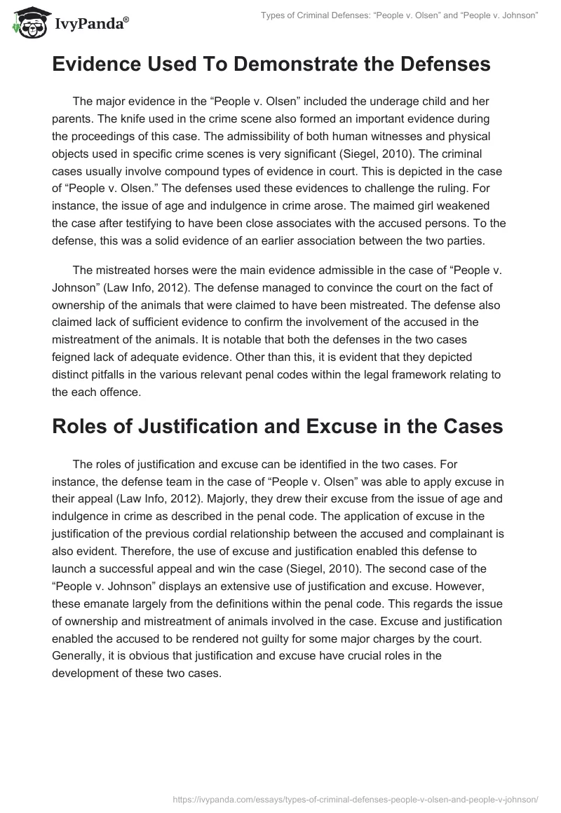Types of Criminal Defenses: “People v. Olsen” and “People v. Johnson”. Page 2