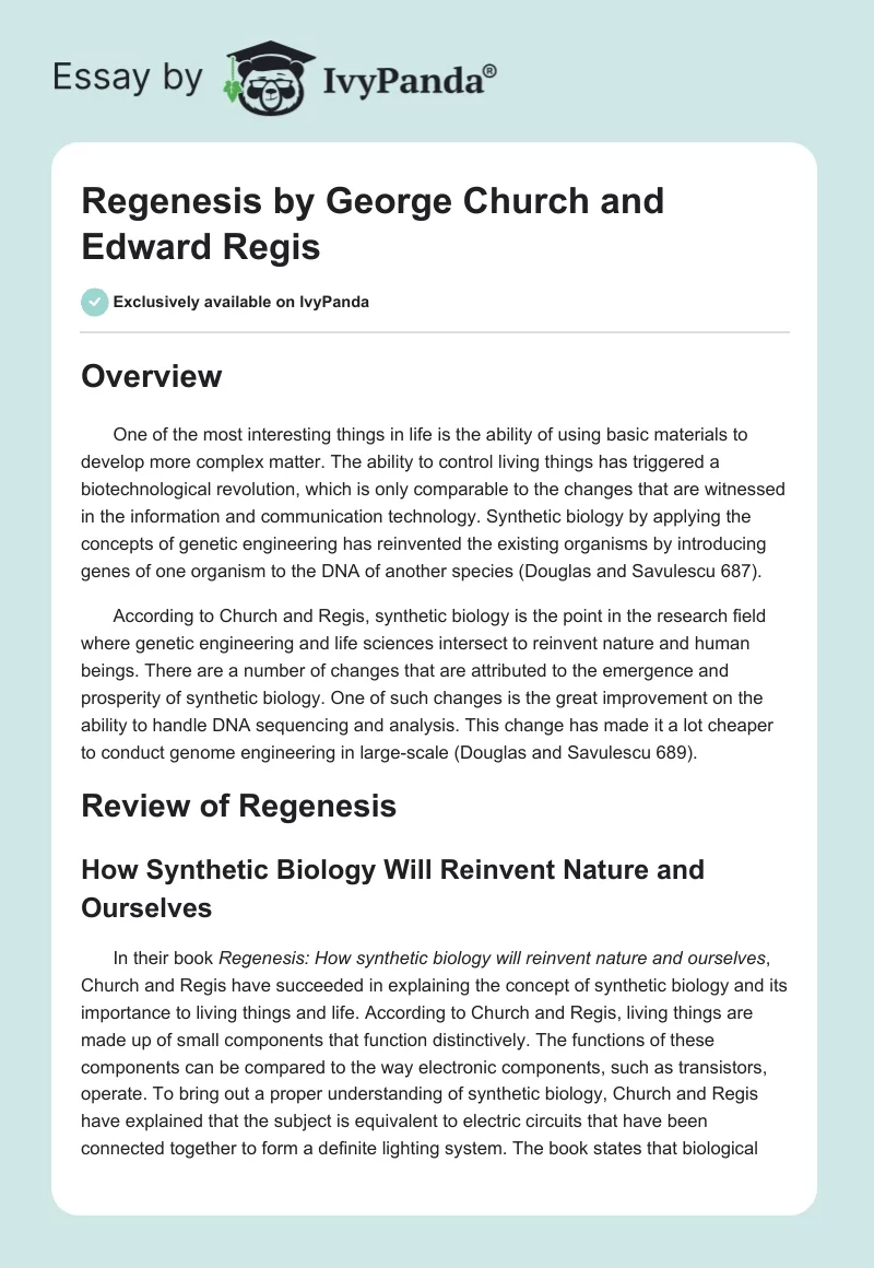 "Regenesis" by George Church and Edward Regis. Page 1