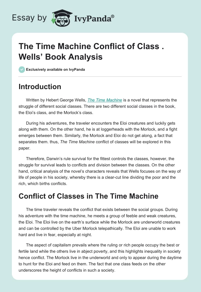 The Time Machine Conflict of Class . Wells’ Book Analysis. Page 1