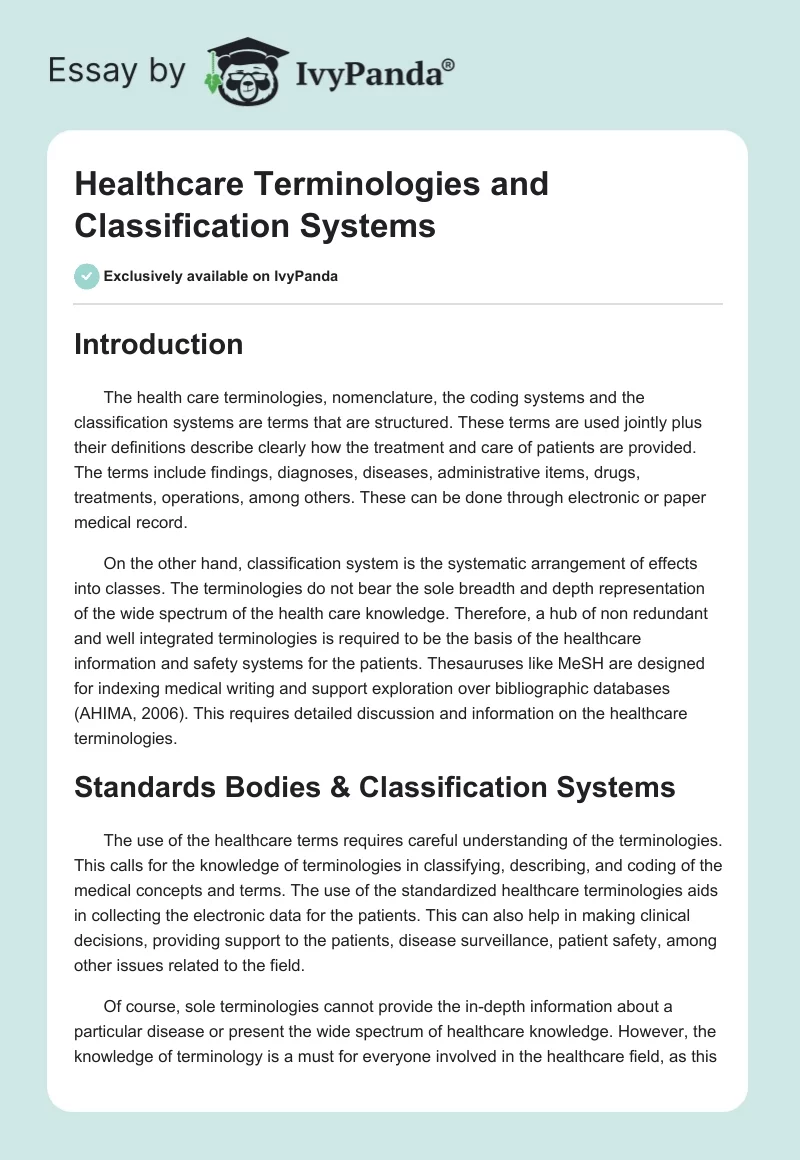 Healthcare Terminologies and Classification Systems. Page 1