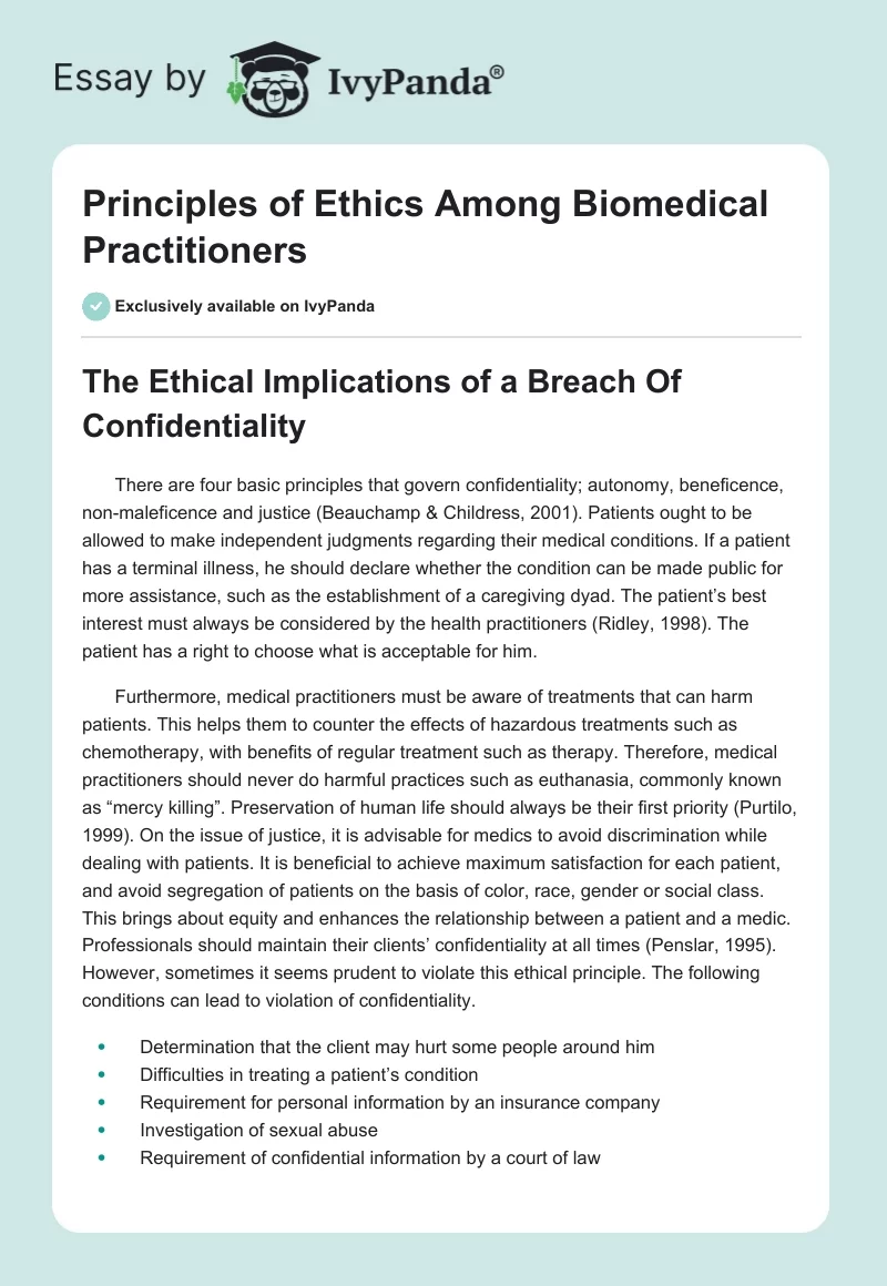 Principles of Ethics Among Biomedical Practitioners. Page 1