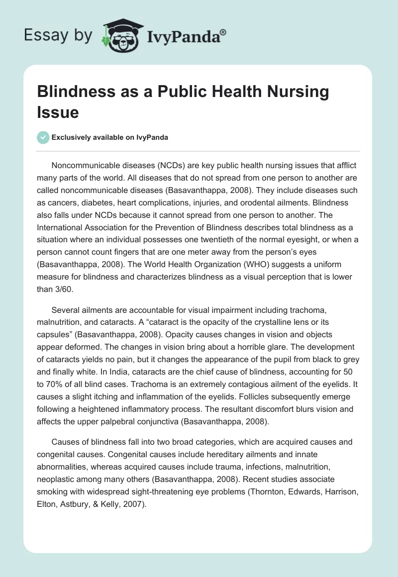 Blindness as a Public Health Nursing Issue. Page 1