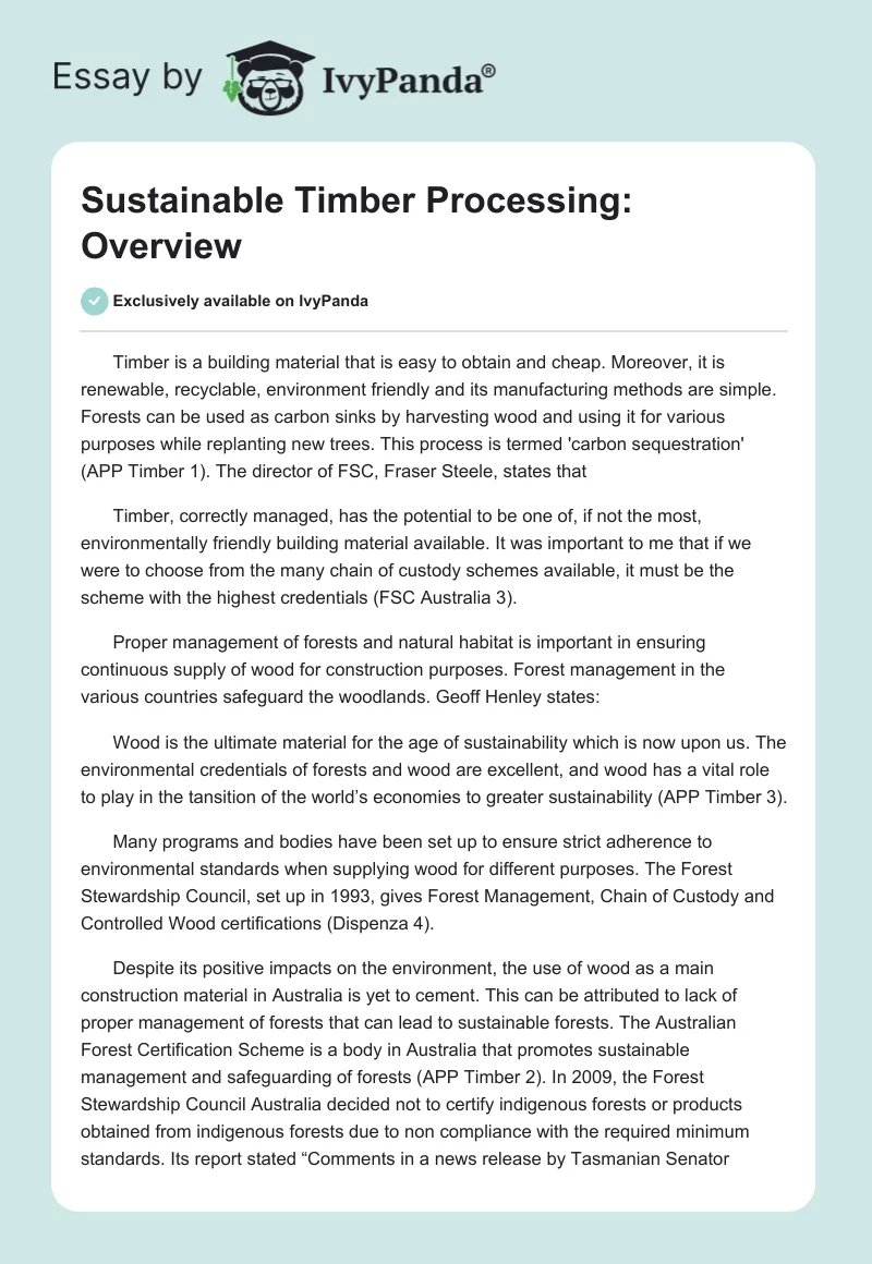 Sustainable Timber Processing: Overview. Page 1