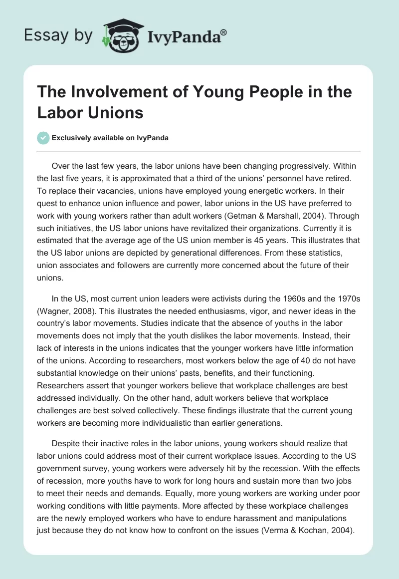 The Involvement of Young People in the Labor Unions. Page 1
