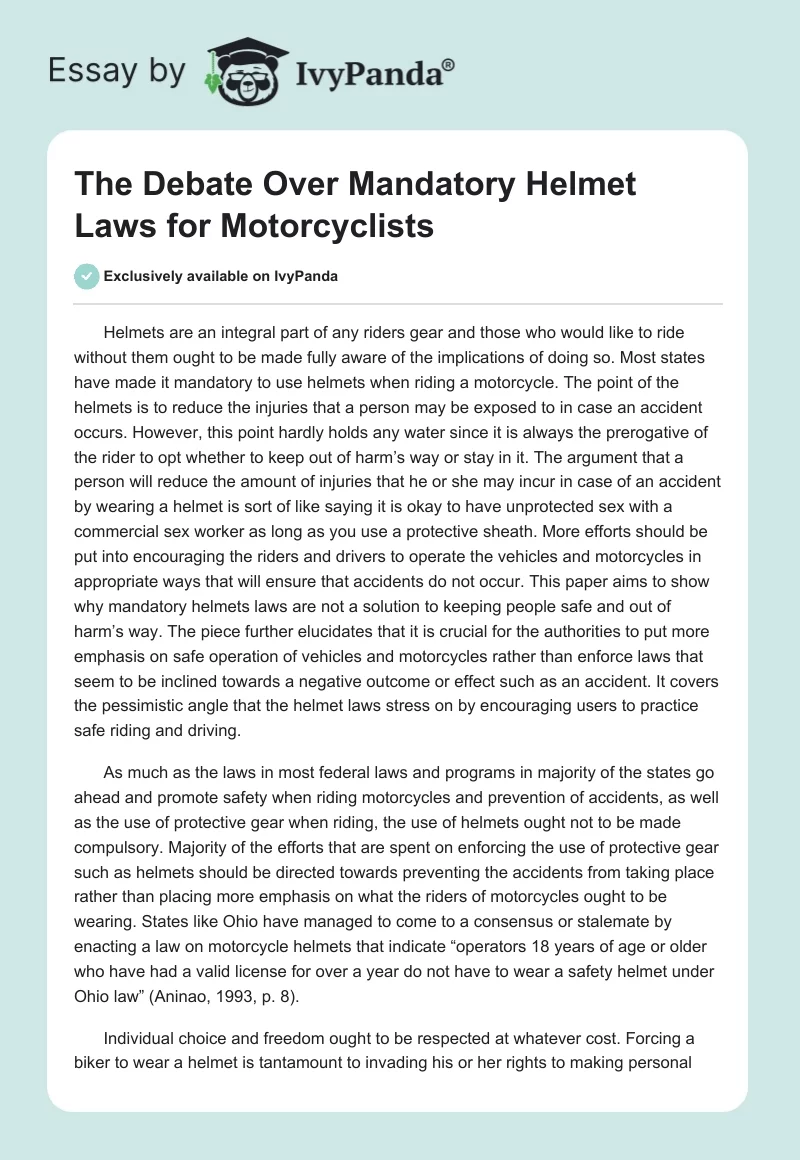 The Debate Over Mandatory Helmet Laws for Motorcyclists. Page 1