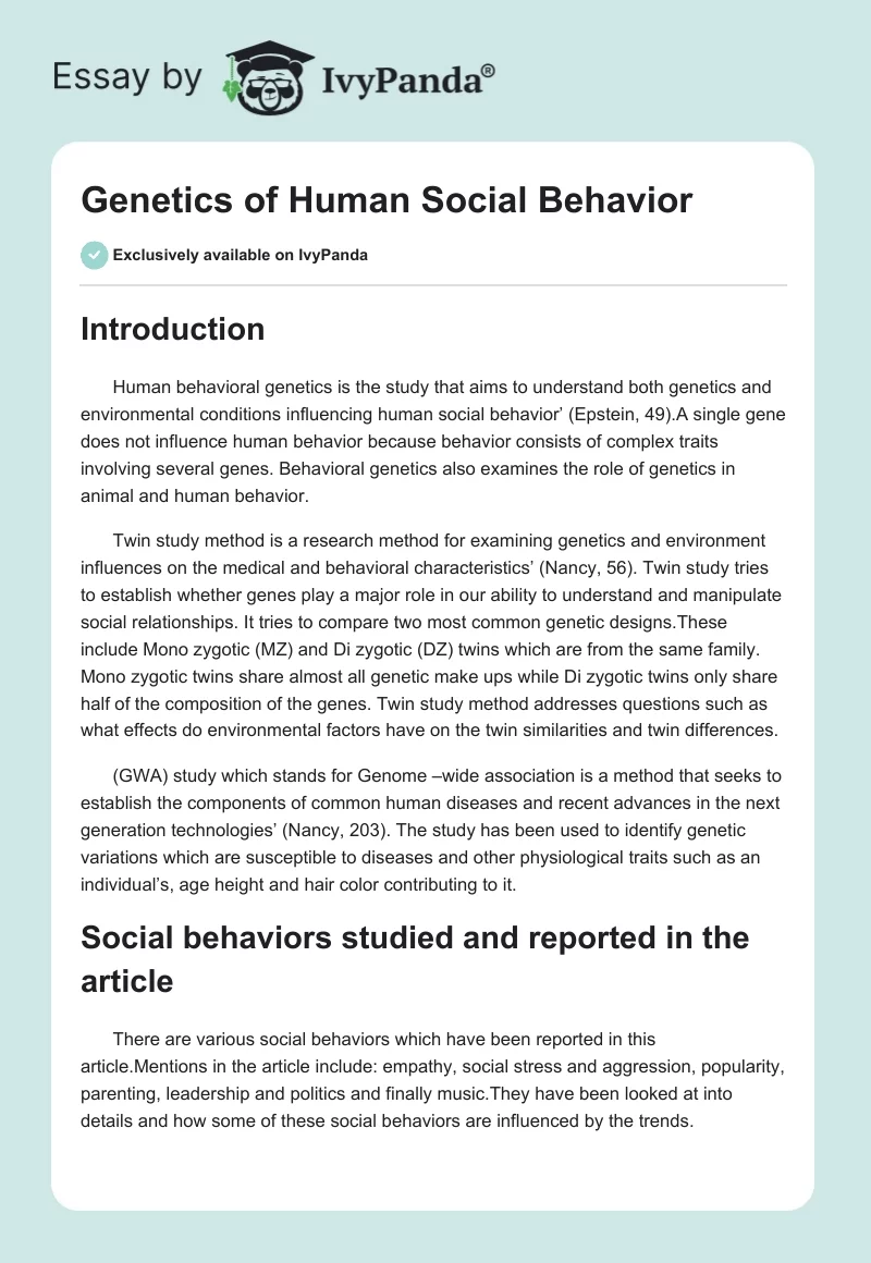 Genetics of Human Social Behavior. Page 1