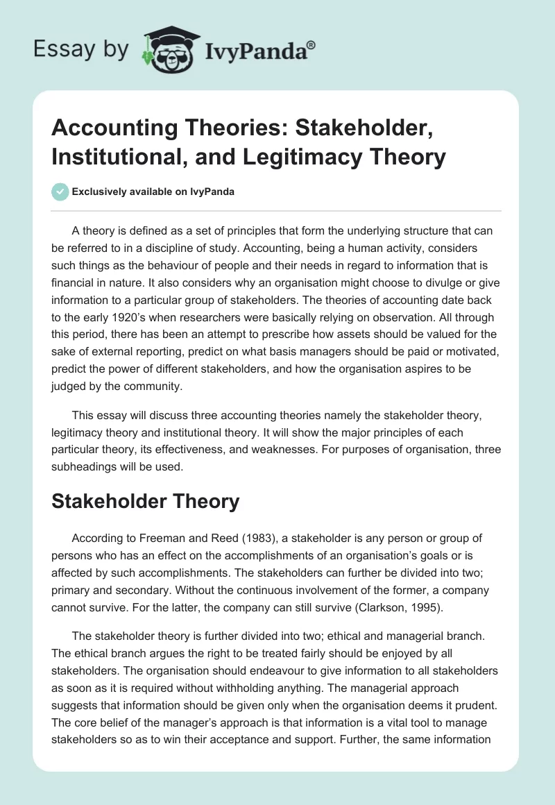Accounting Theories: Stakeholder, Institutional, and Legitimacy Theory. Page 1