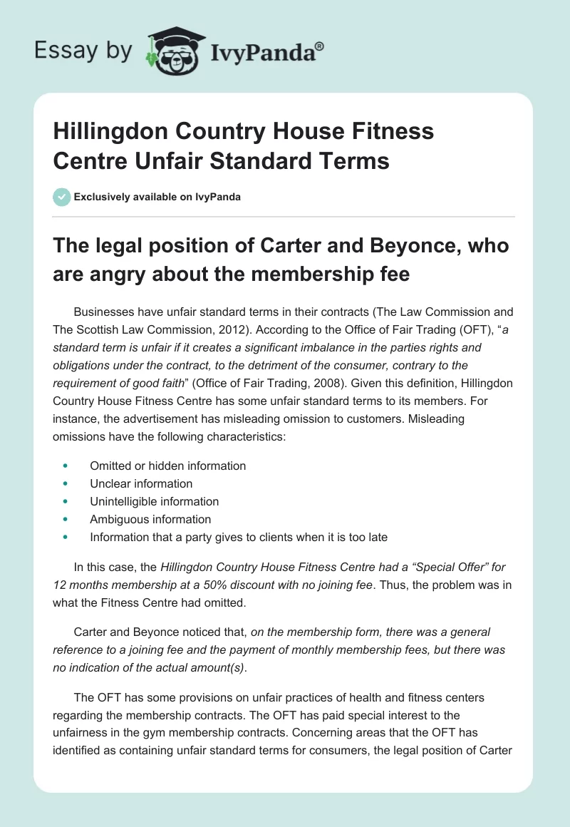 Hillingdon Country House Fitness Centre Unfair Standard Terms. Page 1