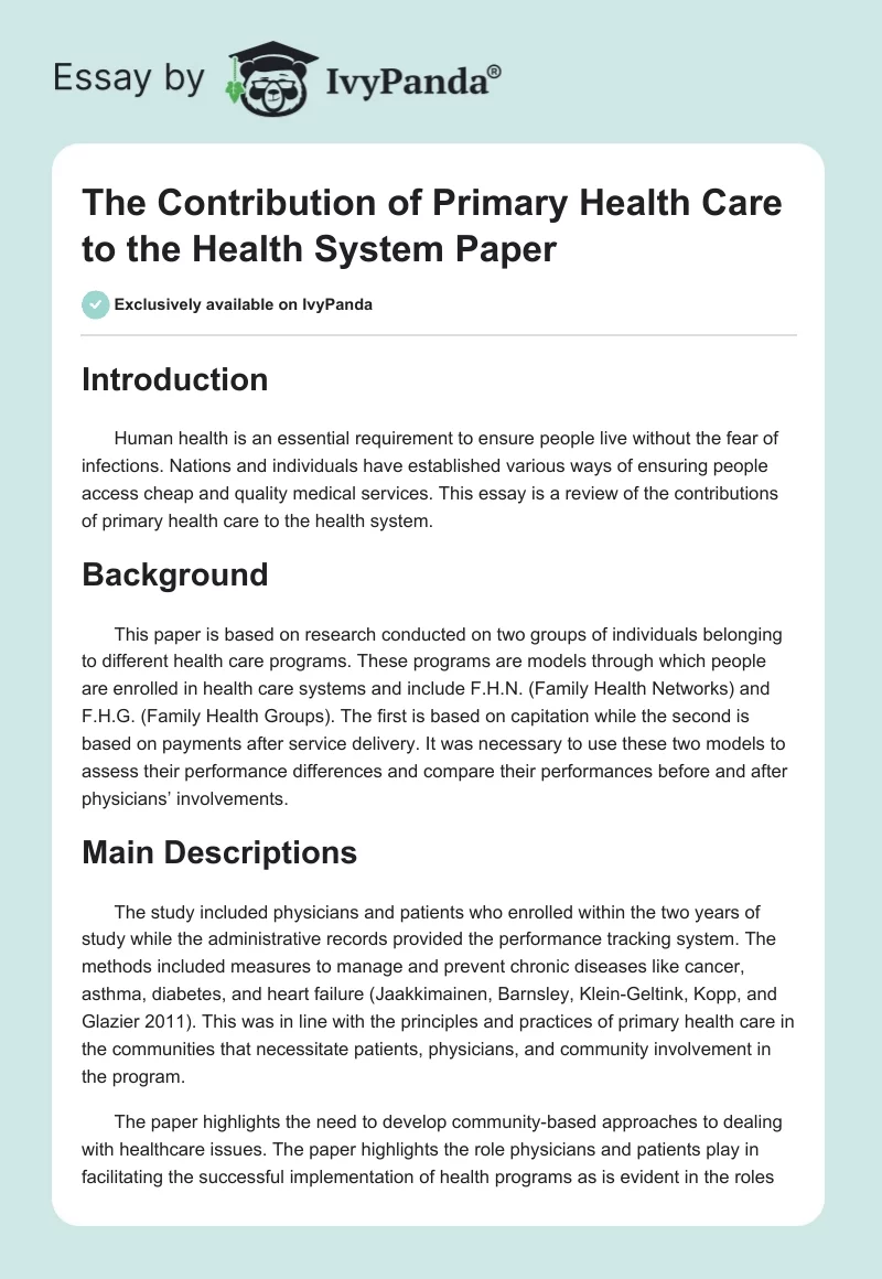 The Contribution of Primary Health Care to the Health System Paper. Page 1