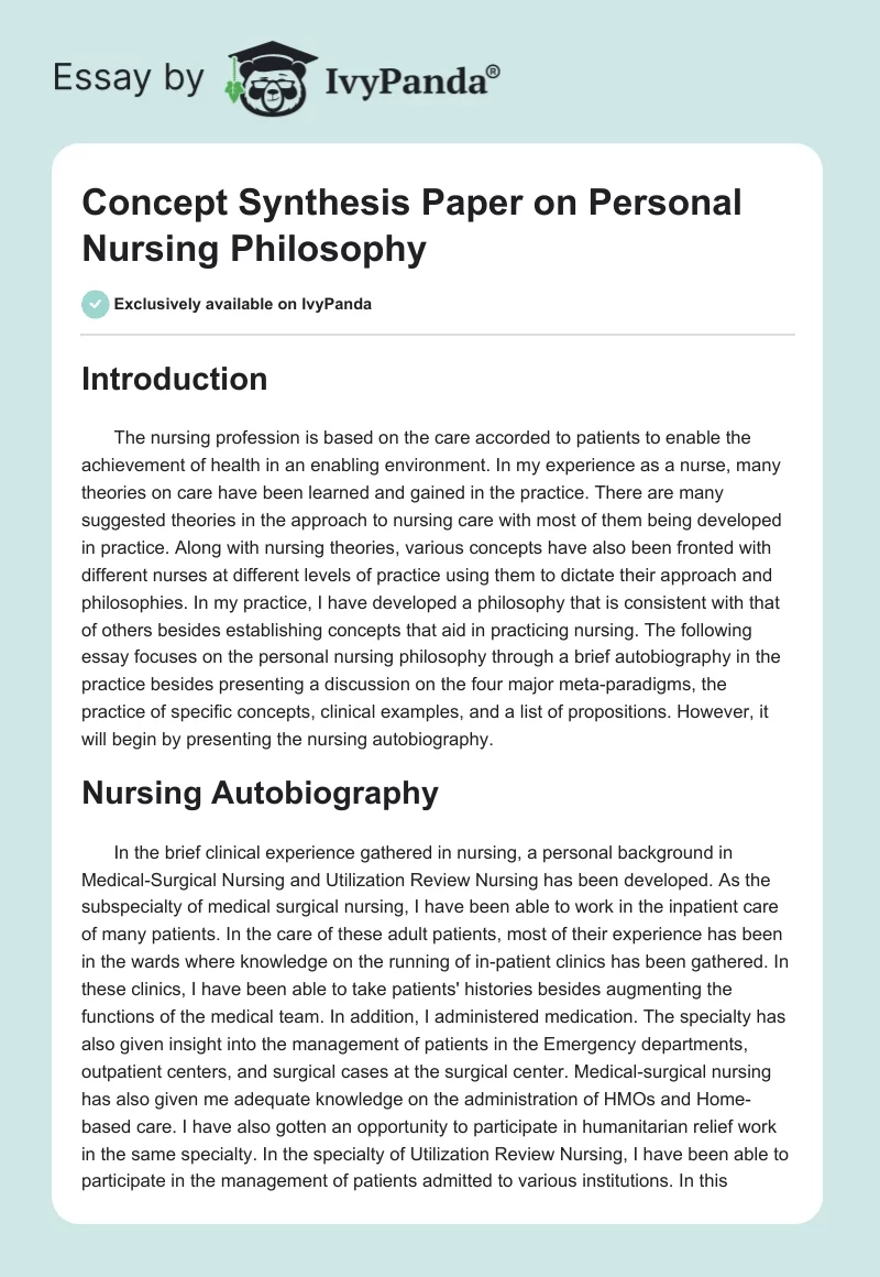 Concept Synthesis Paper on Personal Nursing Philosophy. Page 1