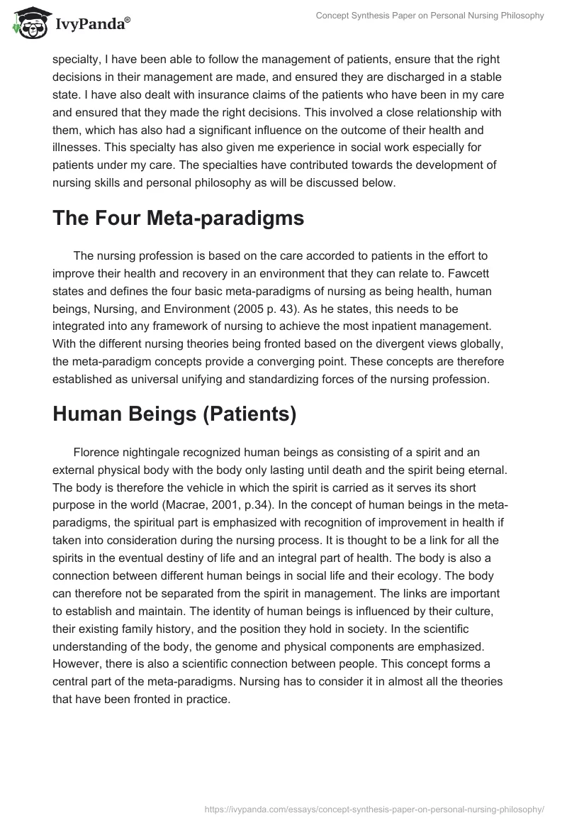 Concept Synthesis Paper on Personal Nursing Philosophy. Page 2