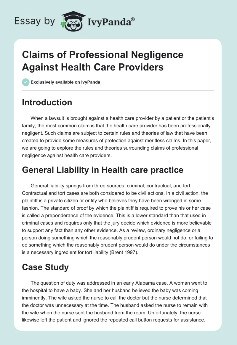 Claims of Professional Negligence Against Health Care Providers. Page 1