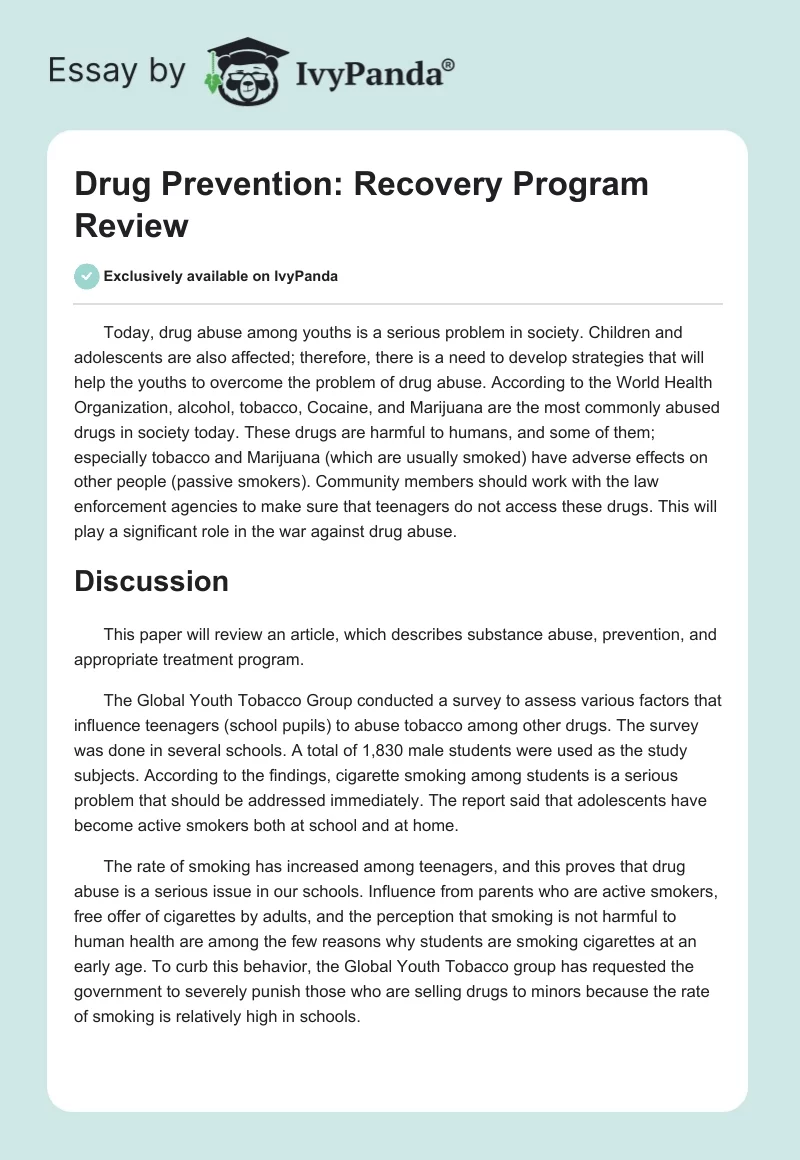Drug Prevention: Recovery Program Review. Page 1