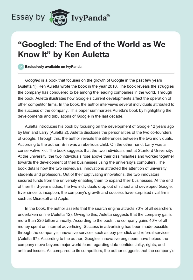 “Googled: The End of the World as We Know It” by Ken Auletta. Page 1