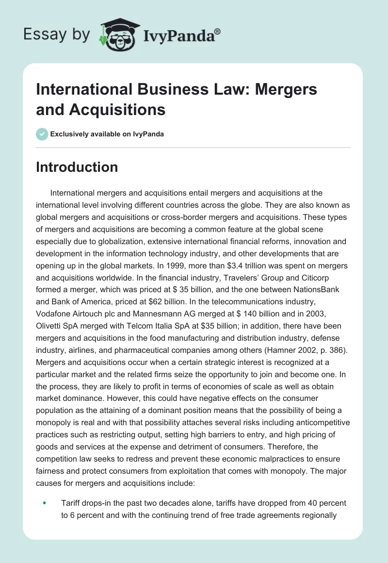 International Business Law: Mergers and Acquisitions. Page 1