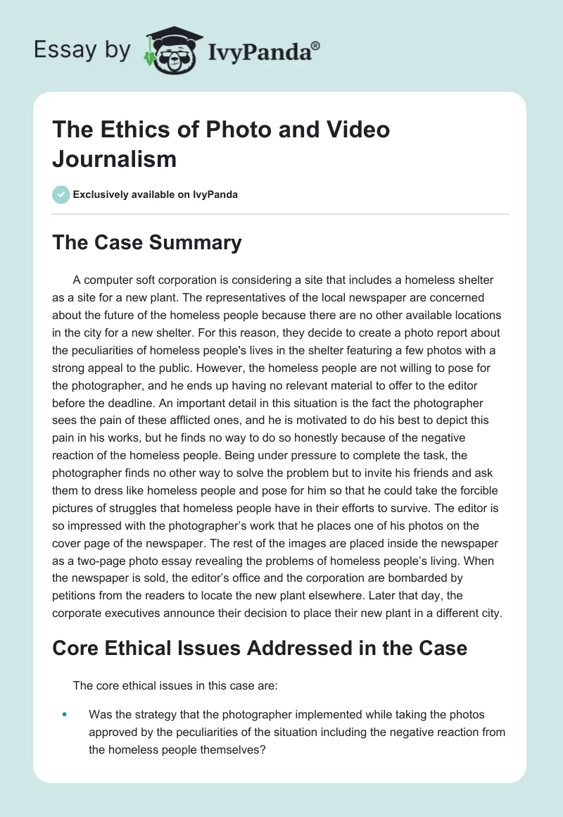 The Ethics of Photo and Video Journalism. Page 1