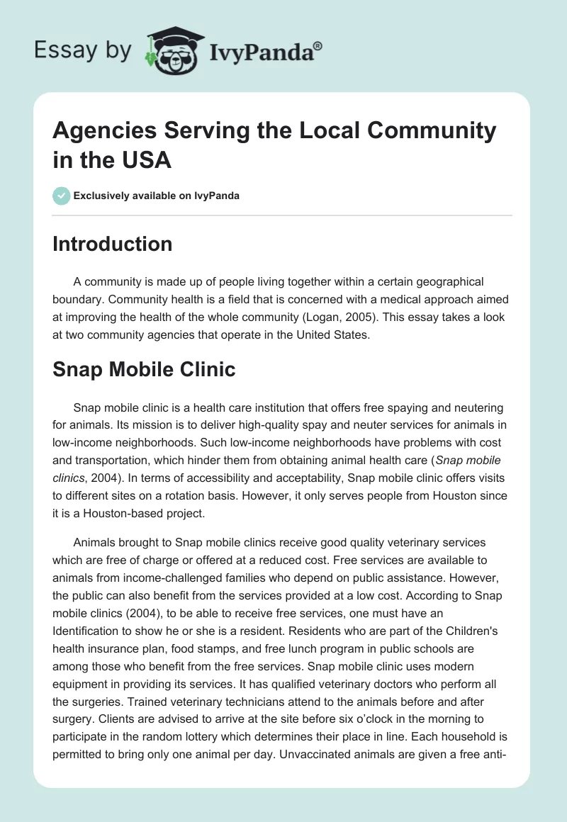 Agencies Serving the Local Community in the USA. Page 1