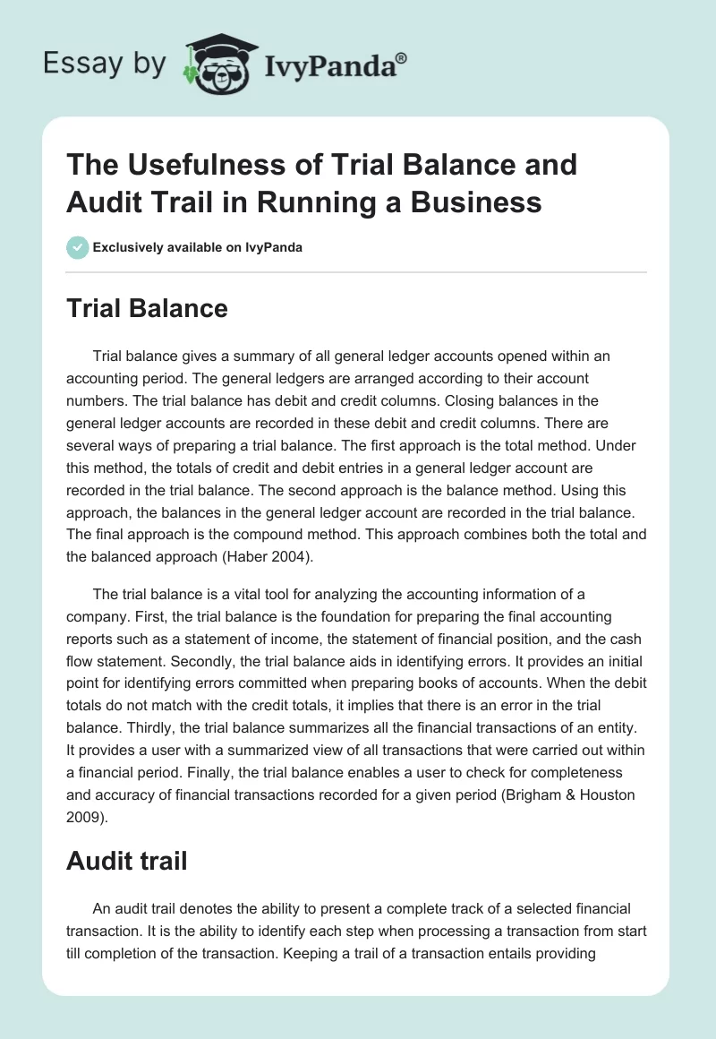 The Usefulness of Trial Balance and Audit Trail in Running a Business. Page 1