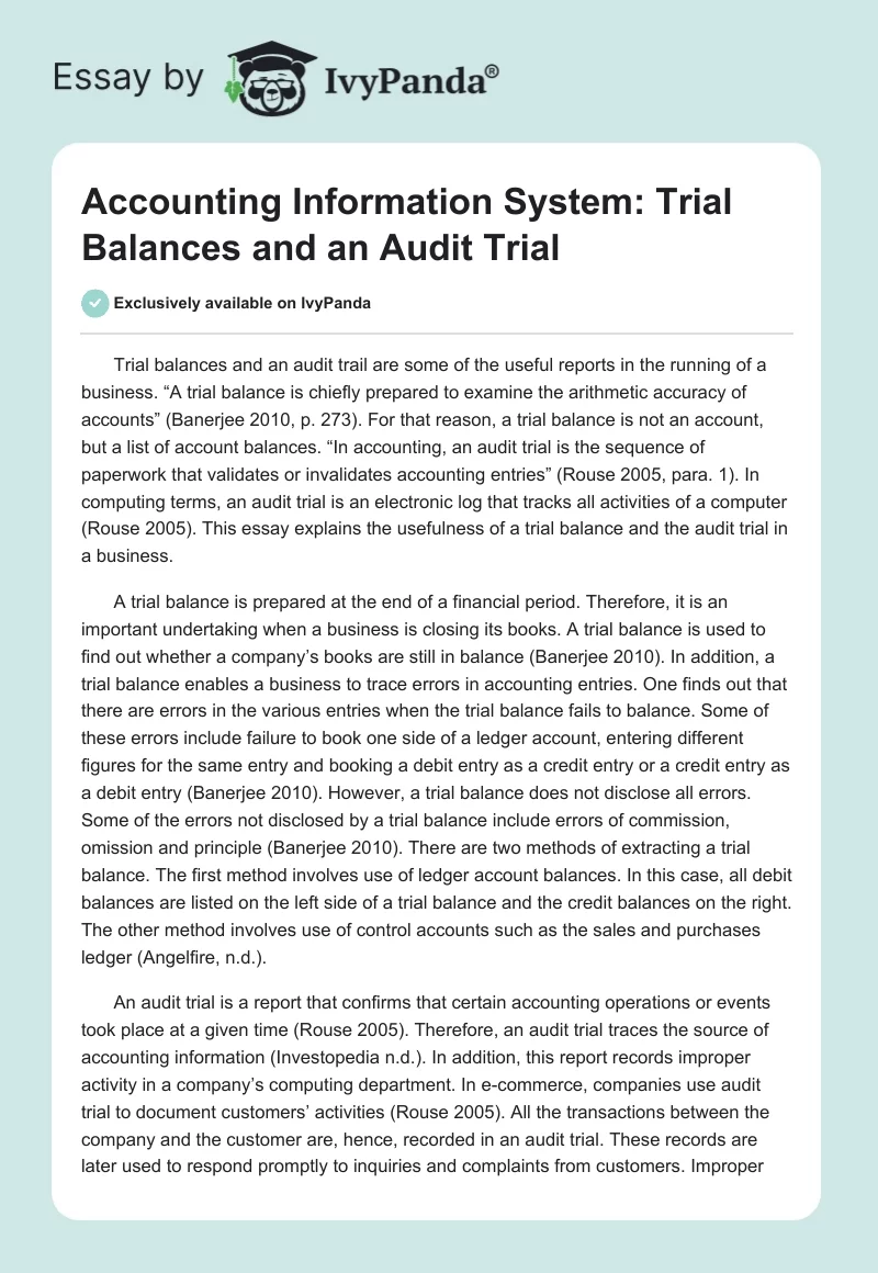 Accounting Information System: Trial Balances and an Audit Trial. Page 1