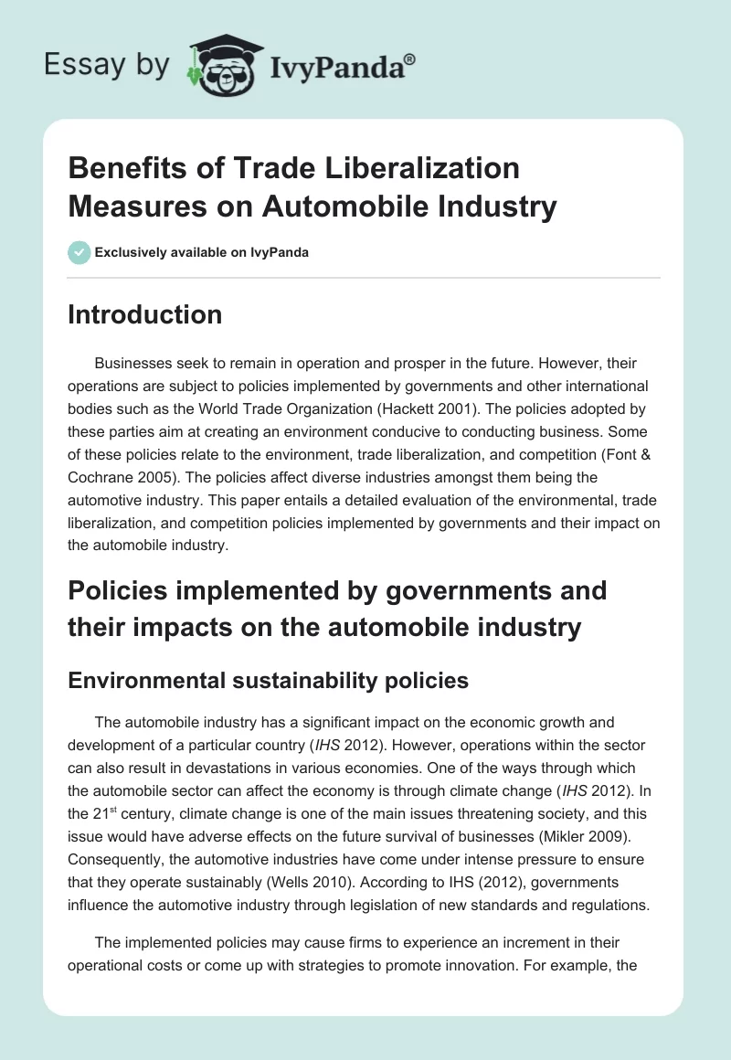 Benefits of Trade Liberalization Measures on Automobile Industry. Page 1