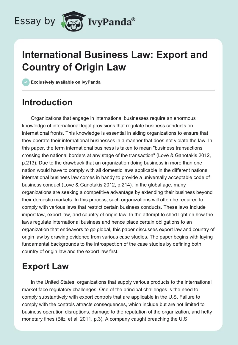 International Business Law: Export and Country of Origin Law. Page 1