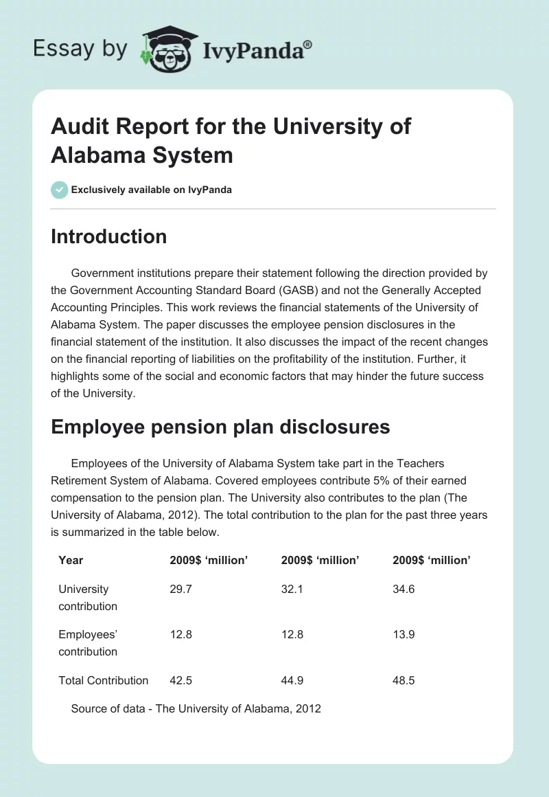Audit Report for the University of Alabama System. Page 1