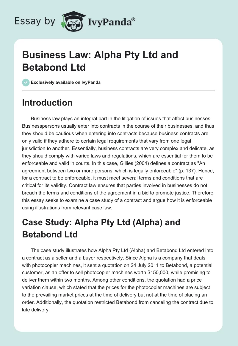 Business Law: Alpha Pty Ltd and Betabond Ltd. Page 1