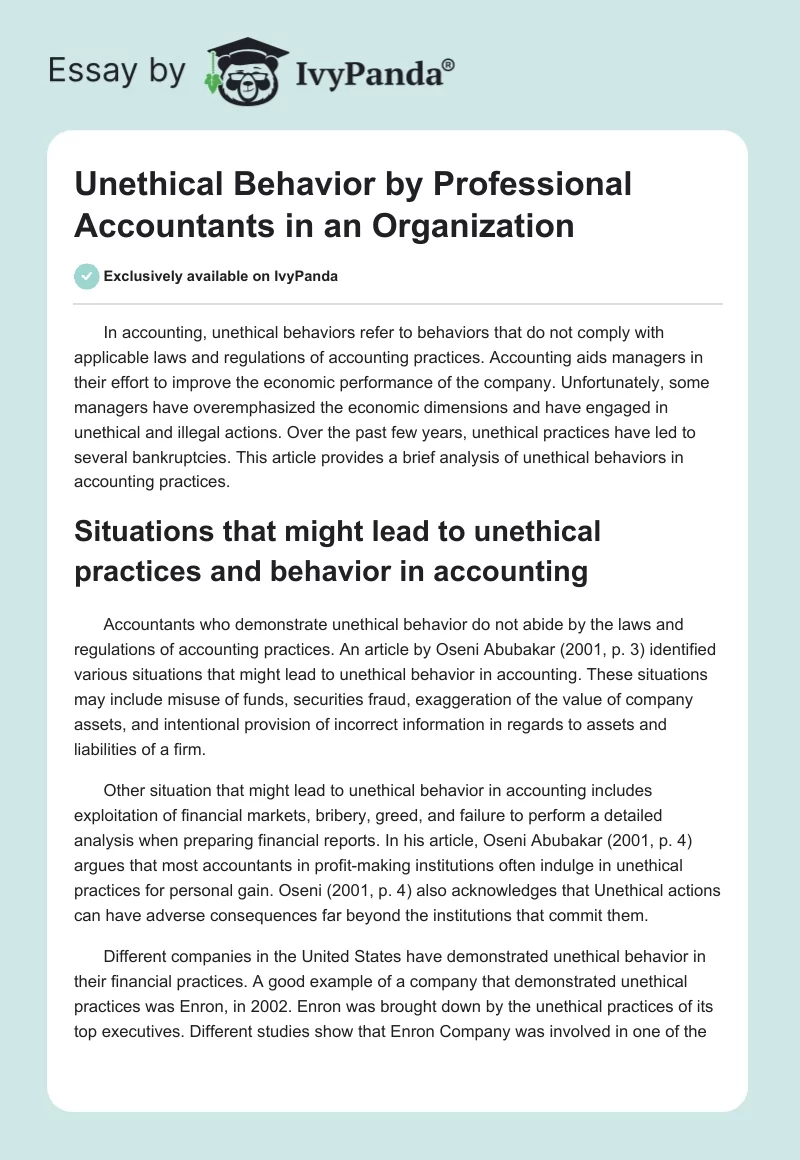 Unethical Behavior by Professional Accountants in an Organization. Page 1