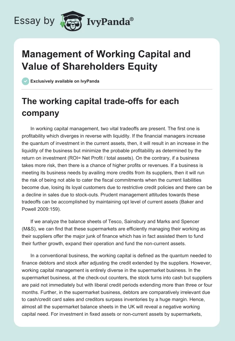 Management of Working Capital and Value of Shareholders Equity. Page 1