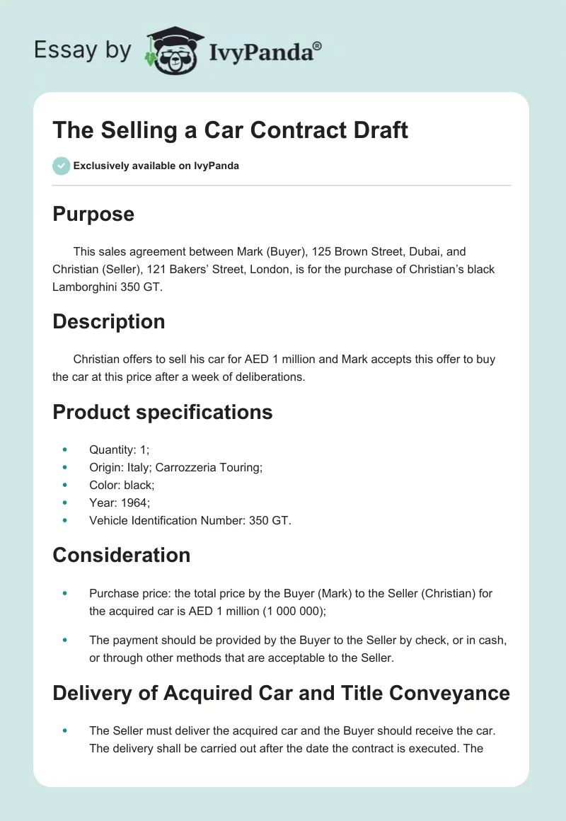 The Selling a Car Contract Draft. Page 1