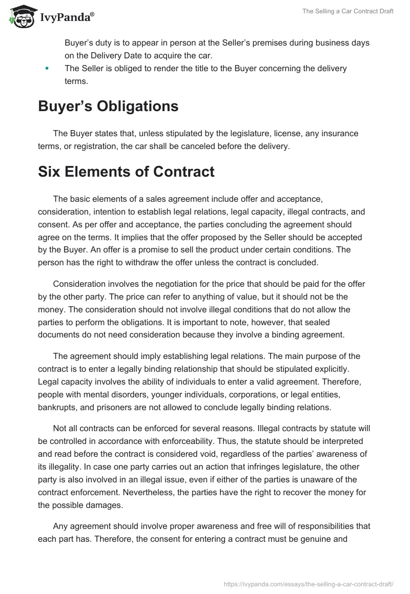 The Selling a Car Contract Draft. Page 2