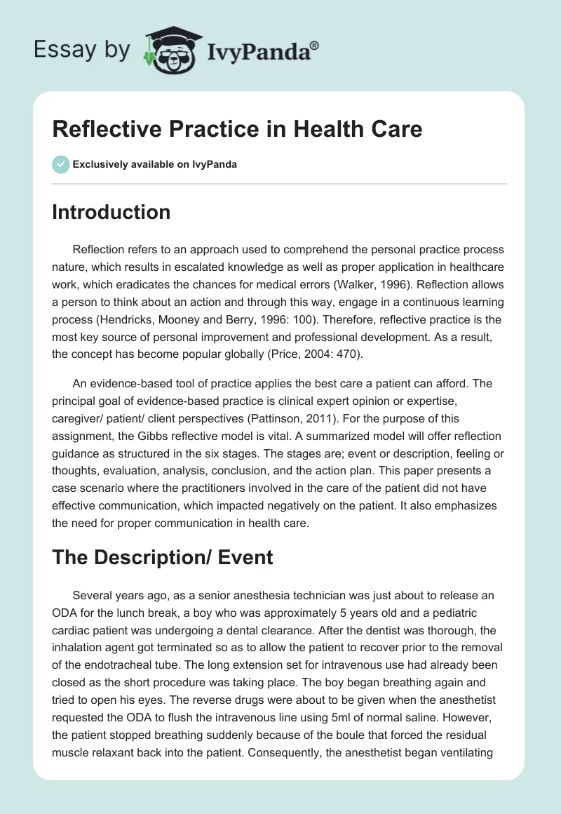 Reflective Practice in Health Care. Page 1