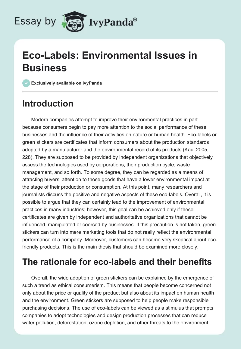 Eco-Labels: Environmental Issues in Business. Page 1