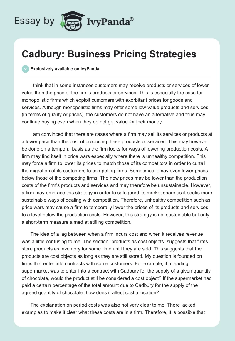 Cadbury: Business Pricing Strategies. Page 1