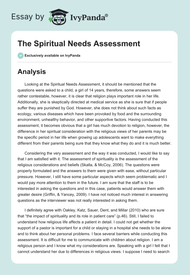 The Spiritual Needs Assessment. Page 1