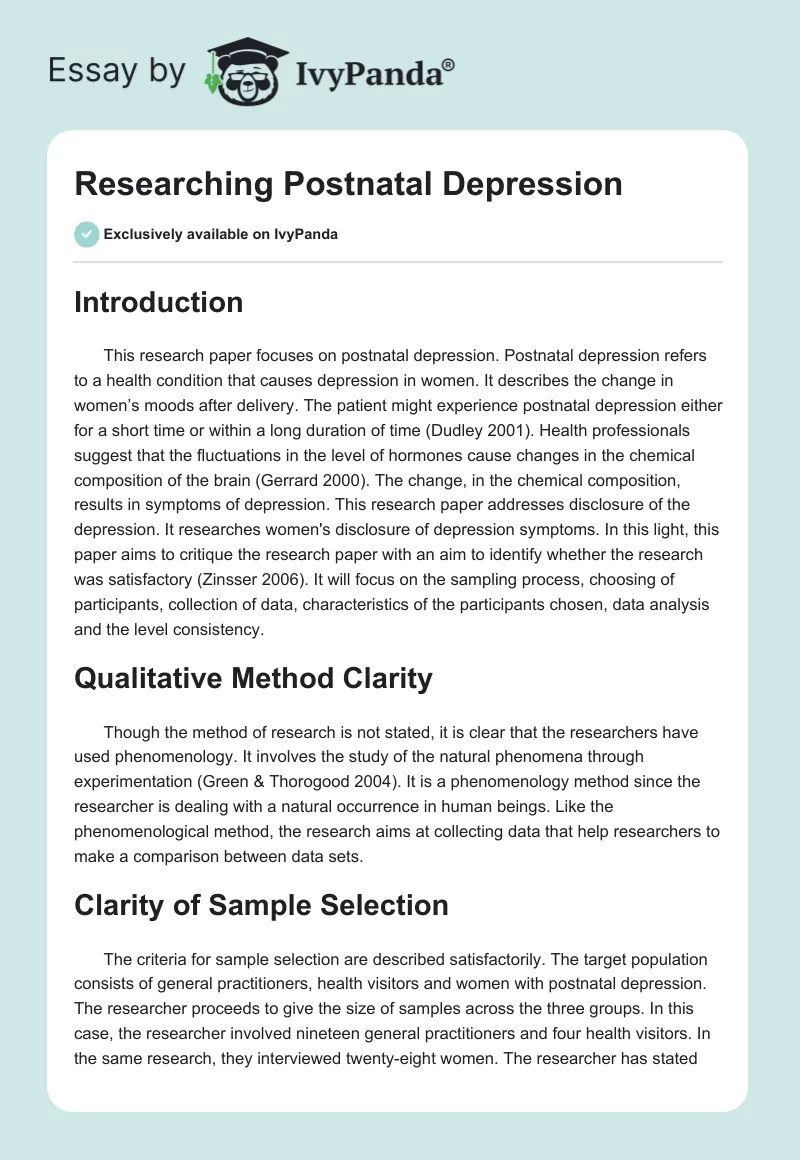 Researching Postnatal Depression. Page 1