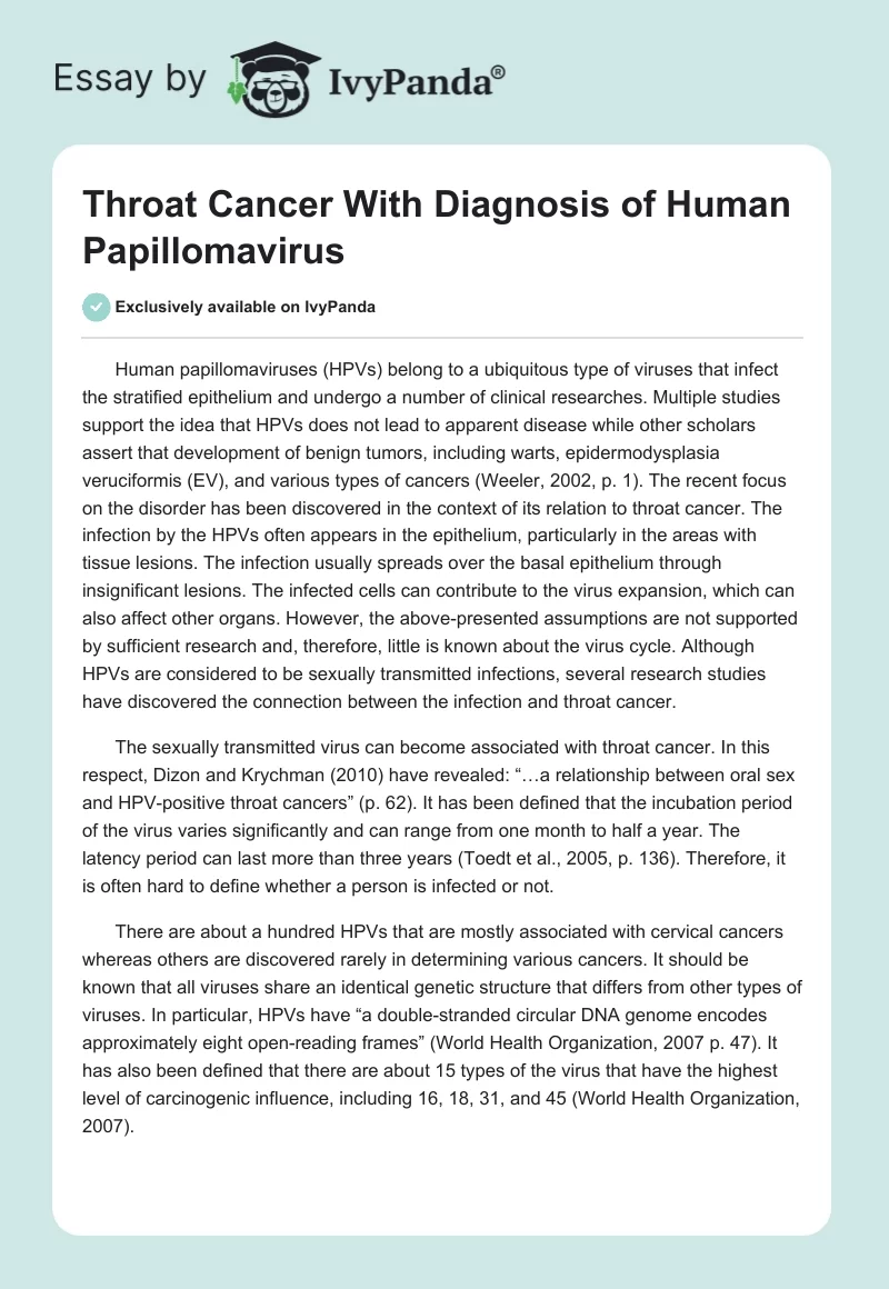 Throat Cancer With Diagnosis of Human Papillomavirus. Page 1