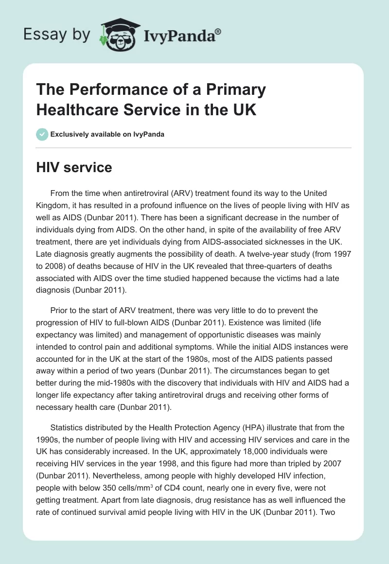 The Performance of a Primary Healthcare Service in the UK. Page 1