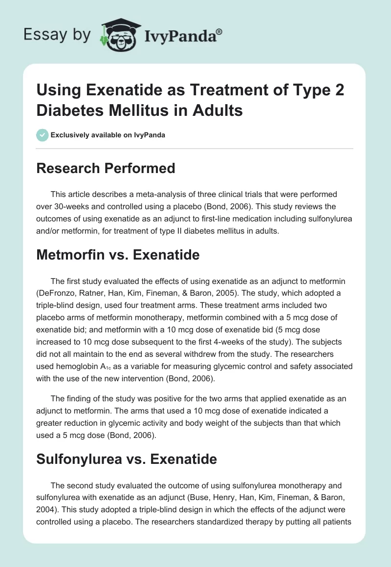 Using Exenatide as Treatment of Type 2 Diabetes Mellitus in Adults. Page 1