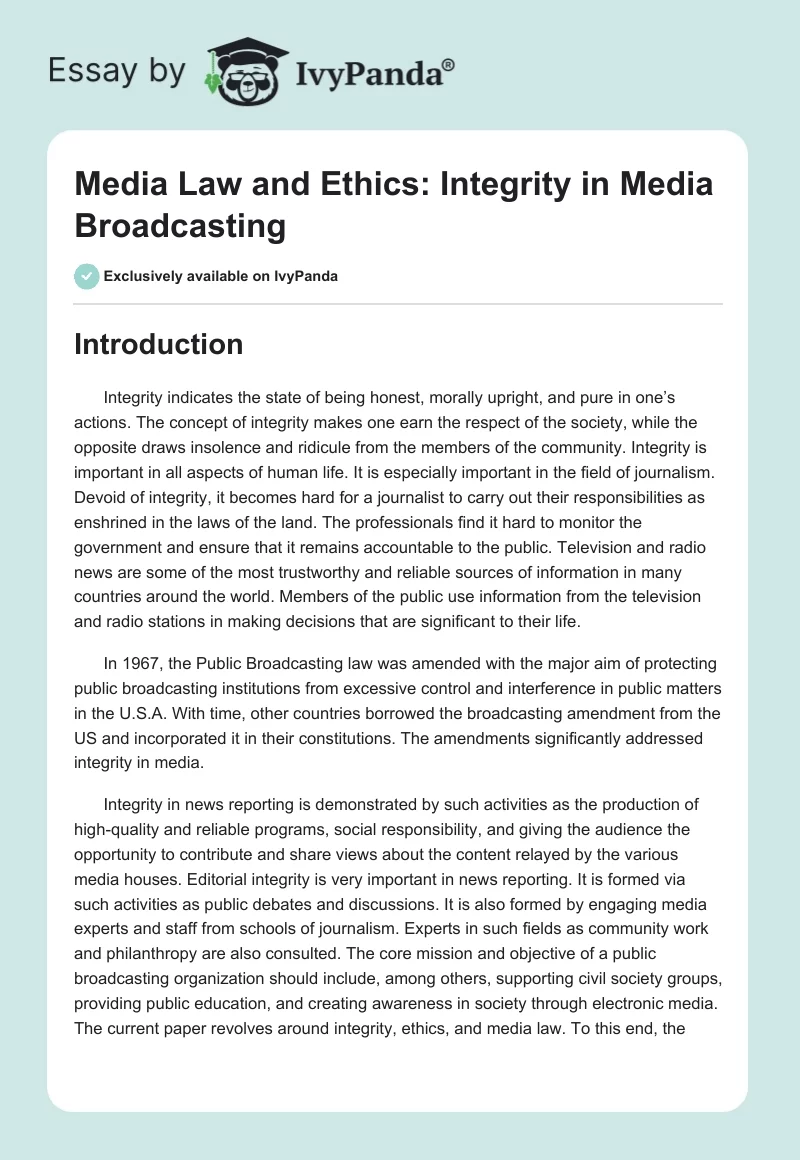 Media Law and Ethics: Integrity in Media Broadcasting. Page 1