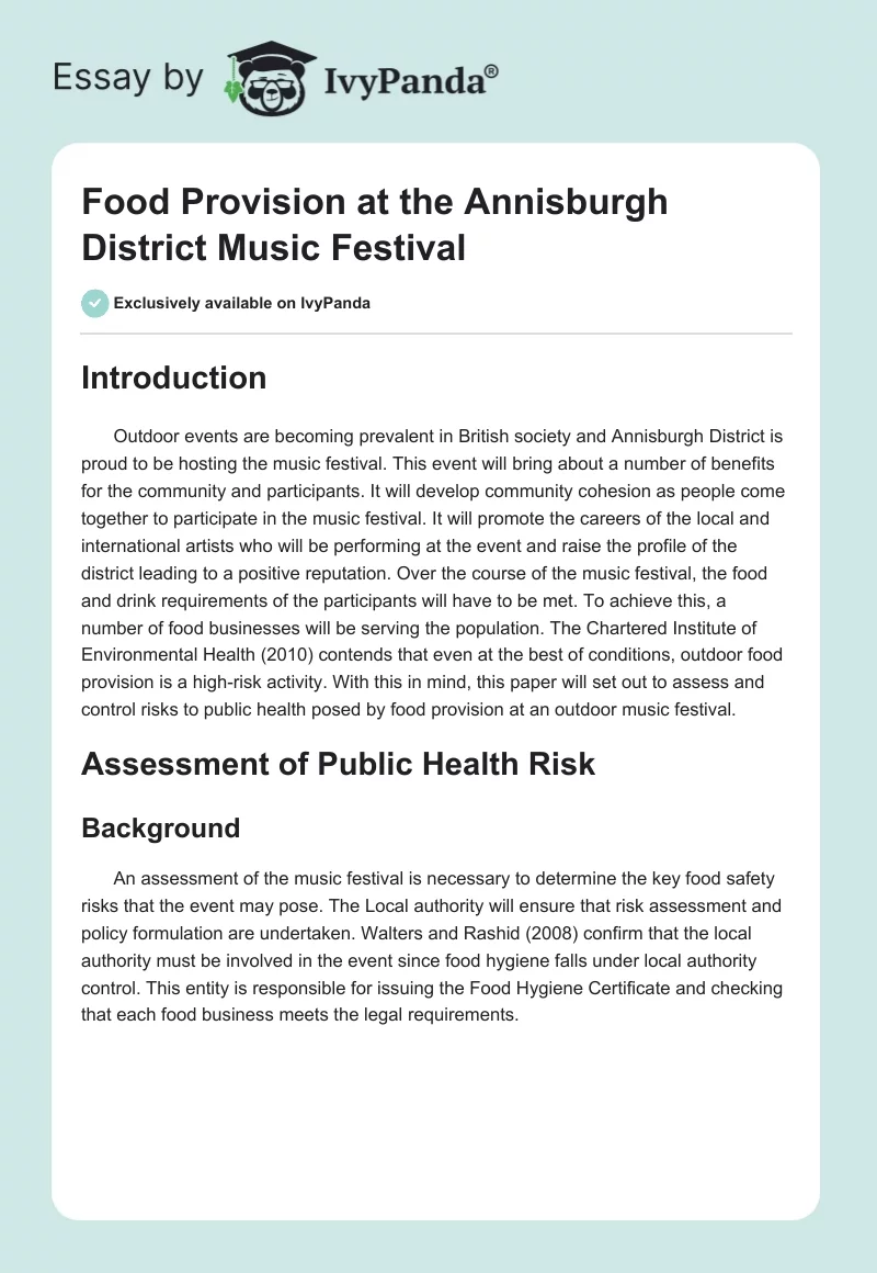 Food Provision at the Annisburgh District Music Festival. Page 1