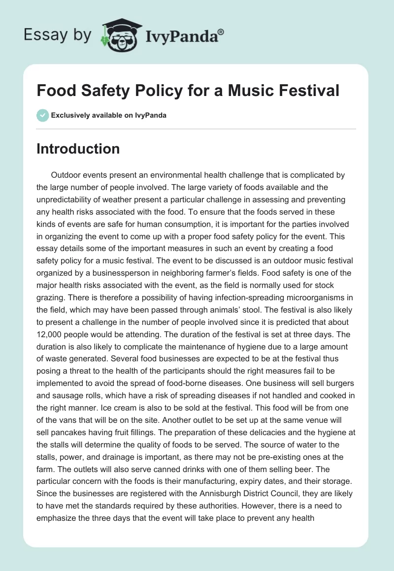 Food Safety Policy for a Music Festival. Page 1