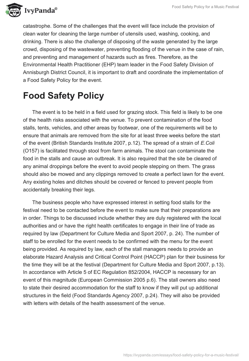 Food Safety Policy for a Music Festival. Page 2