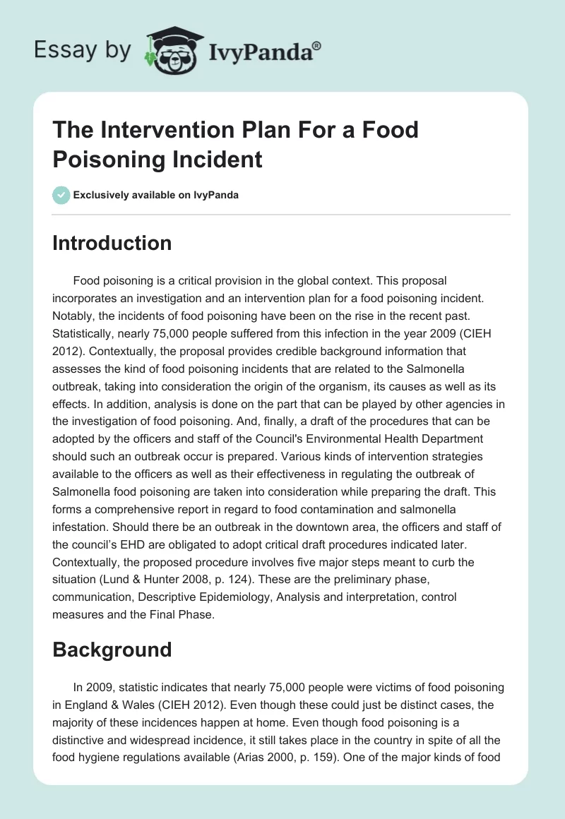 The Intervention Plan For a Food Poisoning Incident. Page 1