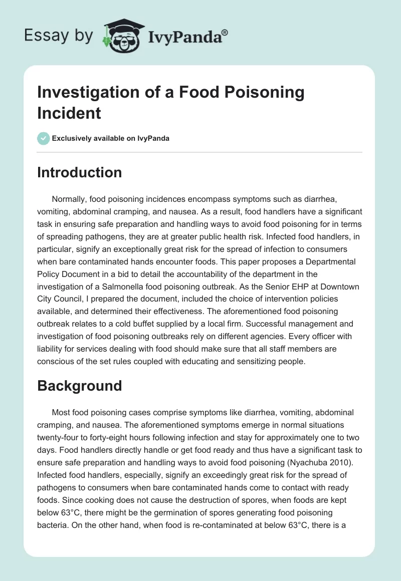 Investigation of a Food Poisoning Incident. Page 1