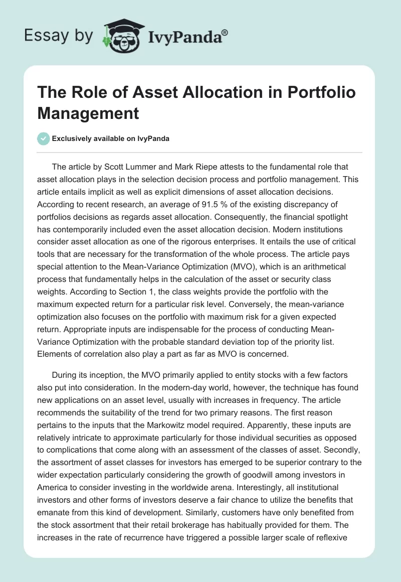 The Role of Asset Allocation in Portfolio Management. Page 1