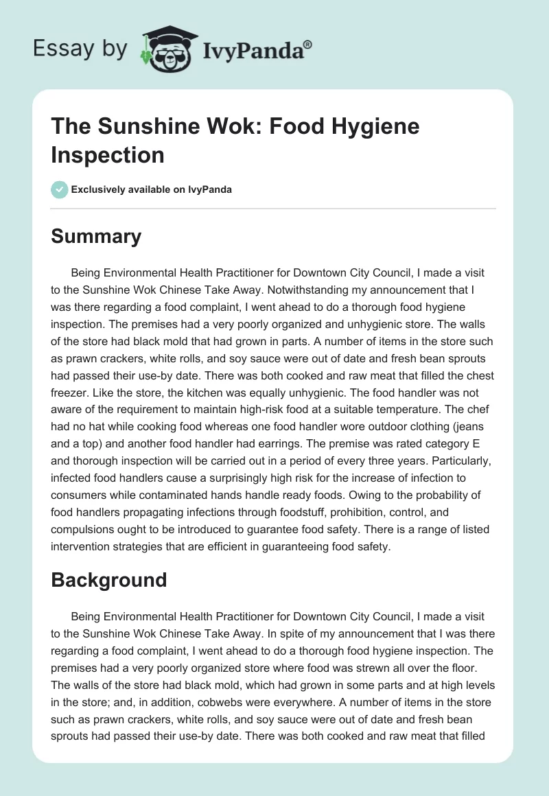 The Sunshine Wok: Food Hygiene Inspection. Page 1
