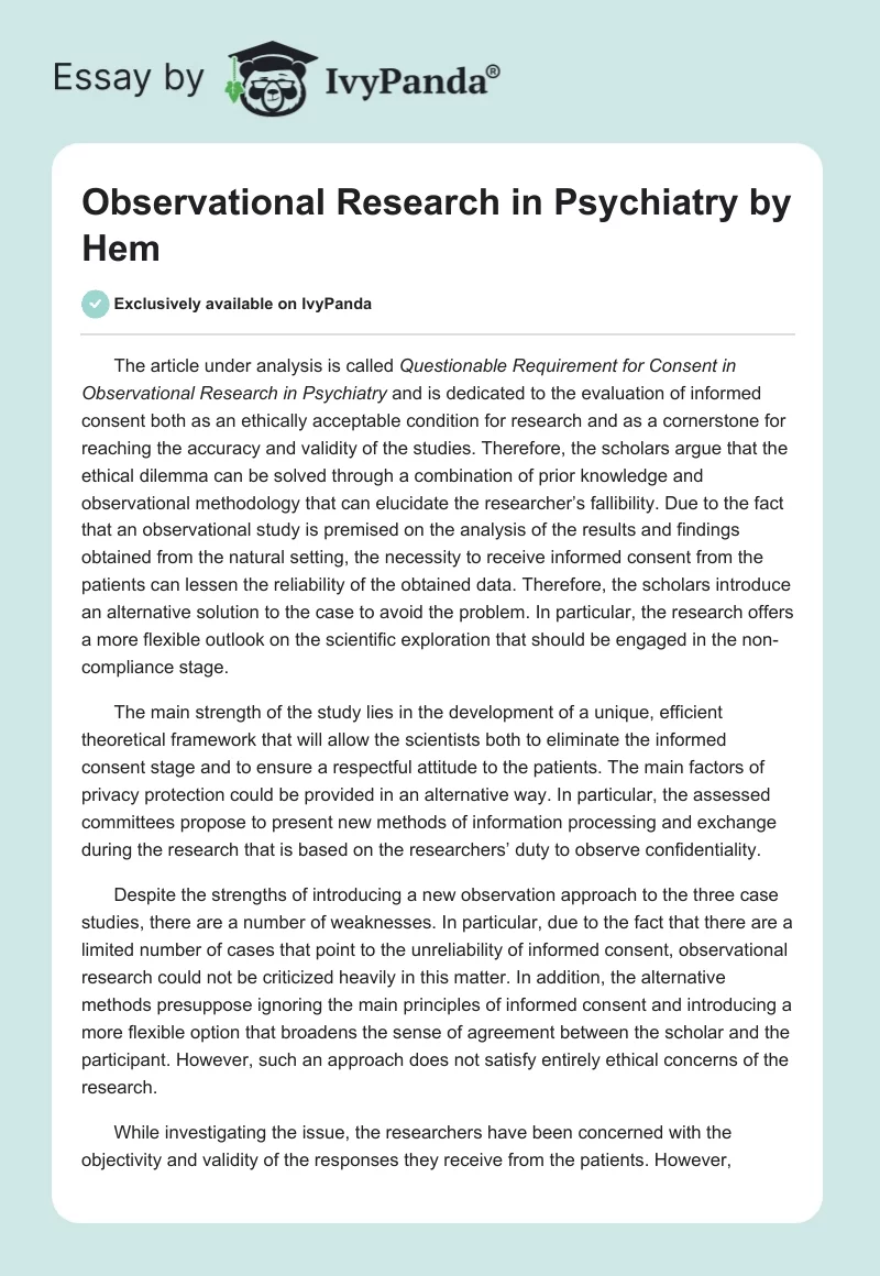 "Observational Research in Psychiatry" by Hem. Page 1